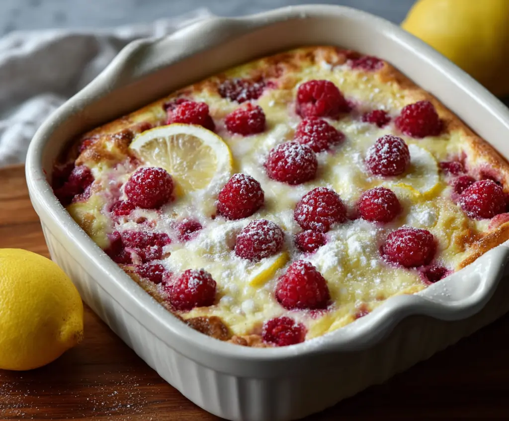 Delicious Lemon Raspberry Cottage Cheese Bake topped with fresh raspberries and lemon zest