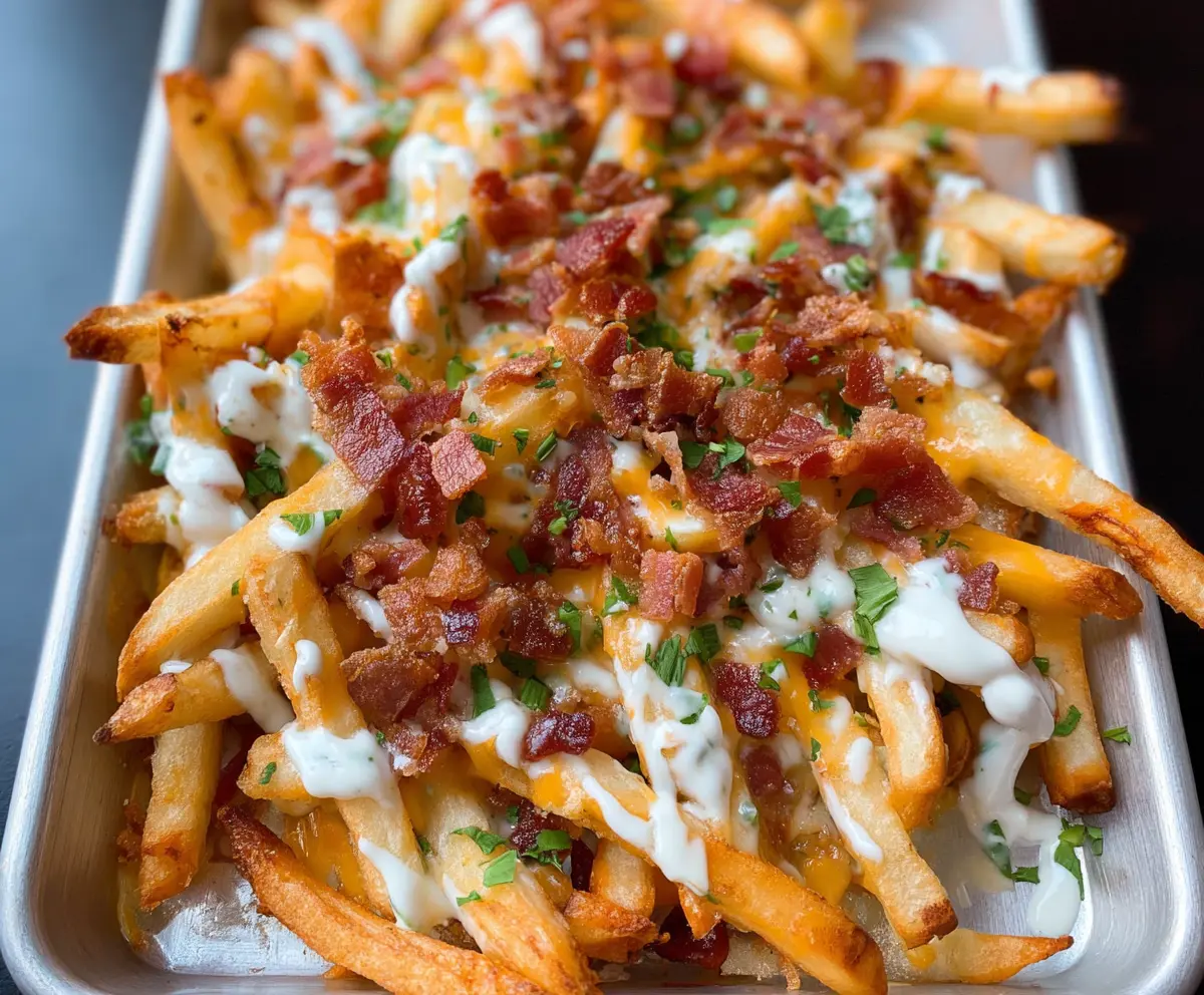 Crispy loaded bacon ranch French fries topped with cheddar cheese, bacon bits, and fresh green onions.