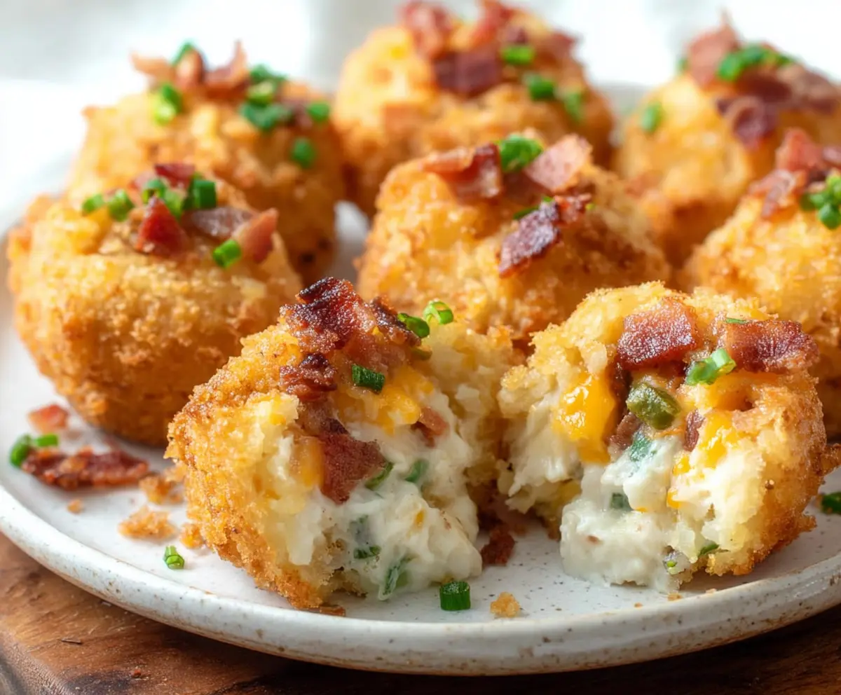Delicious loaded mashed potato bites topped with cheese and bacon on a serving platter.