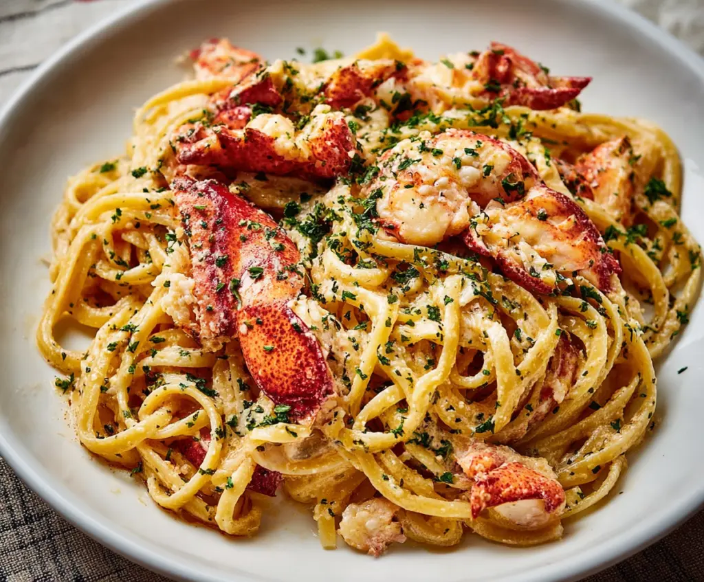 Delicious lobster pasta served on a stylish plate, showcasing fresh seafood and creamy sauce.