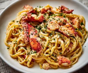 Delicious lobster pasta served on a stylish plate, showcasing fresh seafood and creamy sauce.