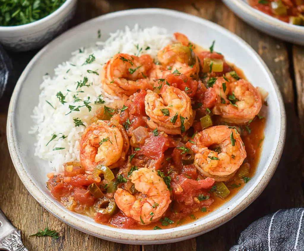 Delicious Louisiana Shrimp Creole served in a bowl with rice and fresh herbs.