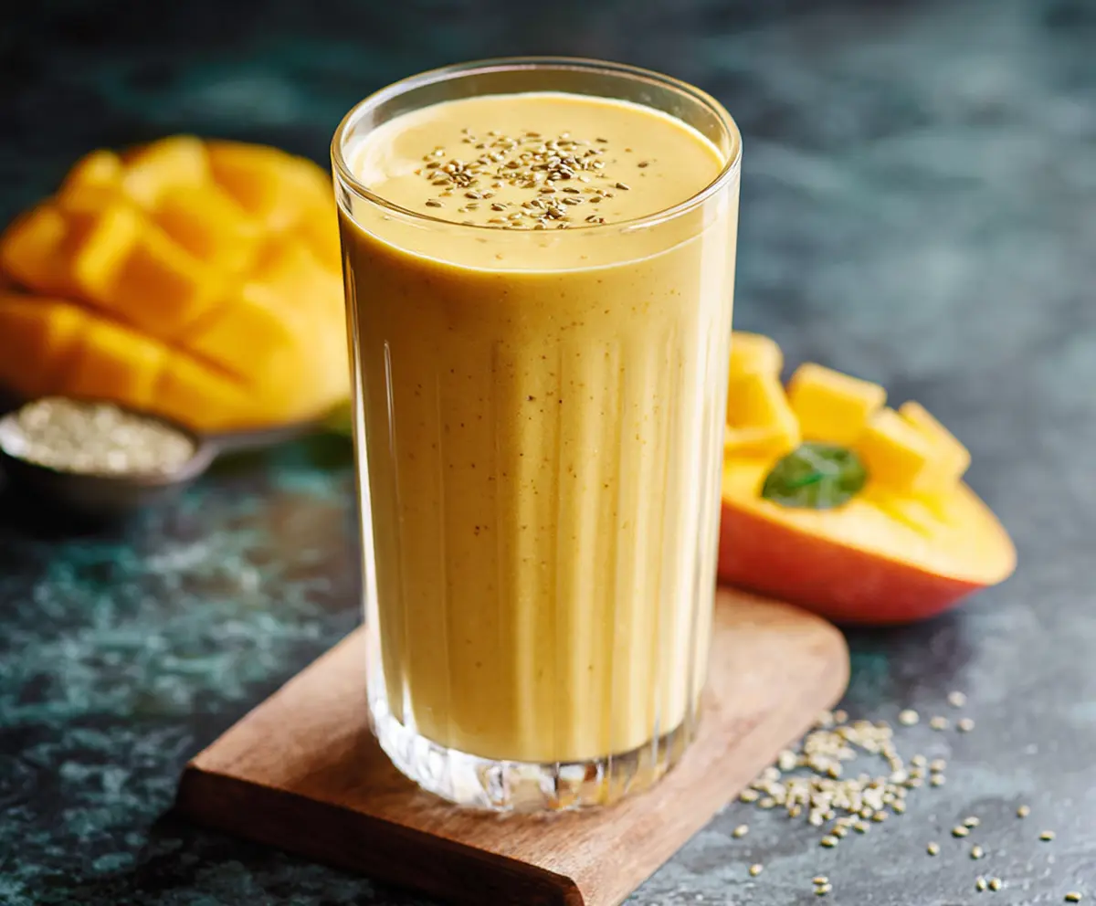 Creamy mango protein smoothie in a glass with fresh mango slices on the side, perfect for a healthy breakfast.