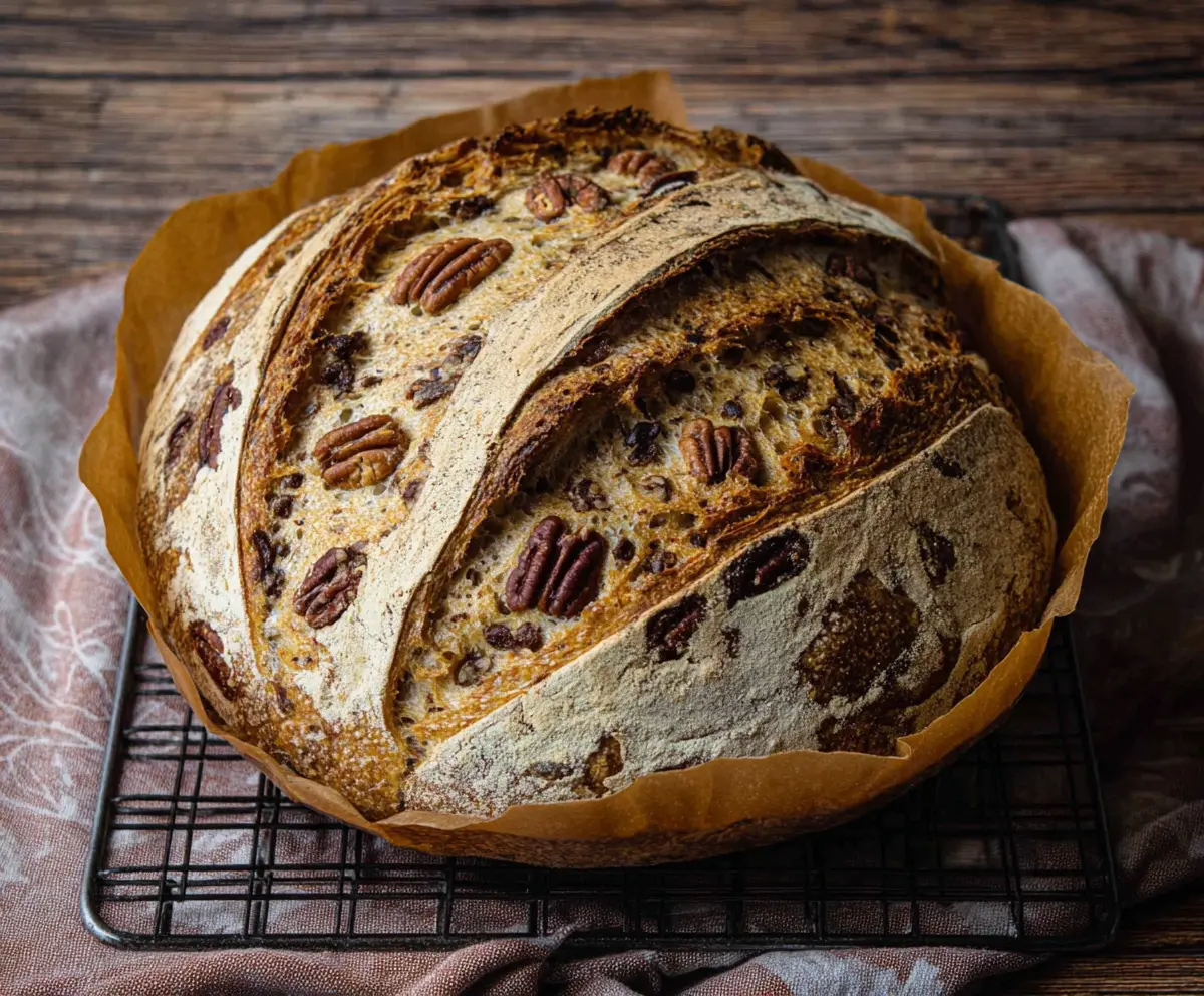 Slice of homemade Maple Pecan Sourdough Bread showcasing a golden crust and pecan topping.