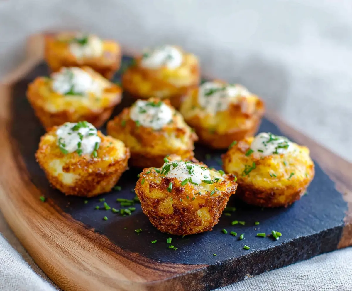 Delicious mashed potato bites garnished with herbs on a white plate, perfect for appetizers.