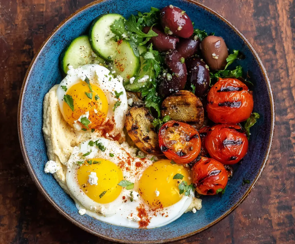Colorful Mediterranean Breakfast Bowl with fresh vegetables, hummus, and feta cheese on a wooden table.