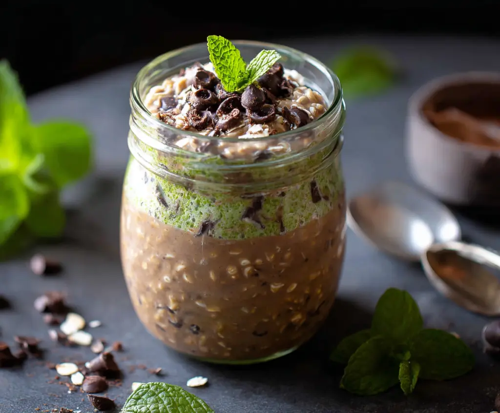Creamy Mint Chocolate Chip Overnight Oats topped with fresh mint leaves and chocolate chips in a glass jar.