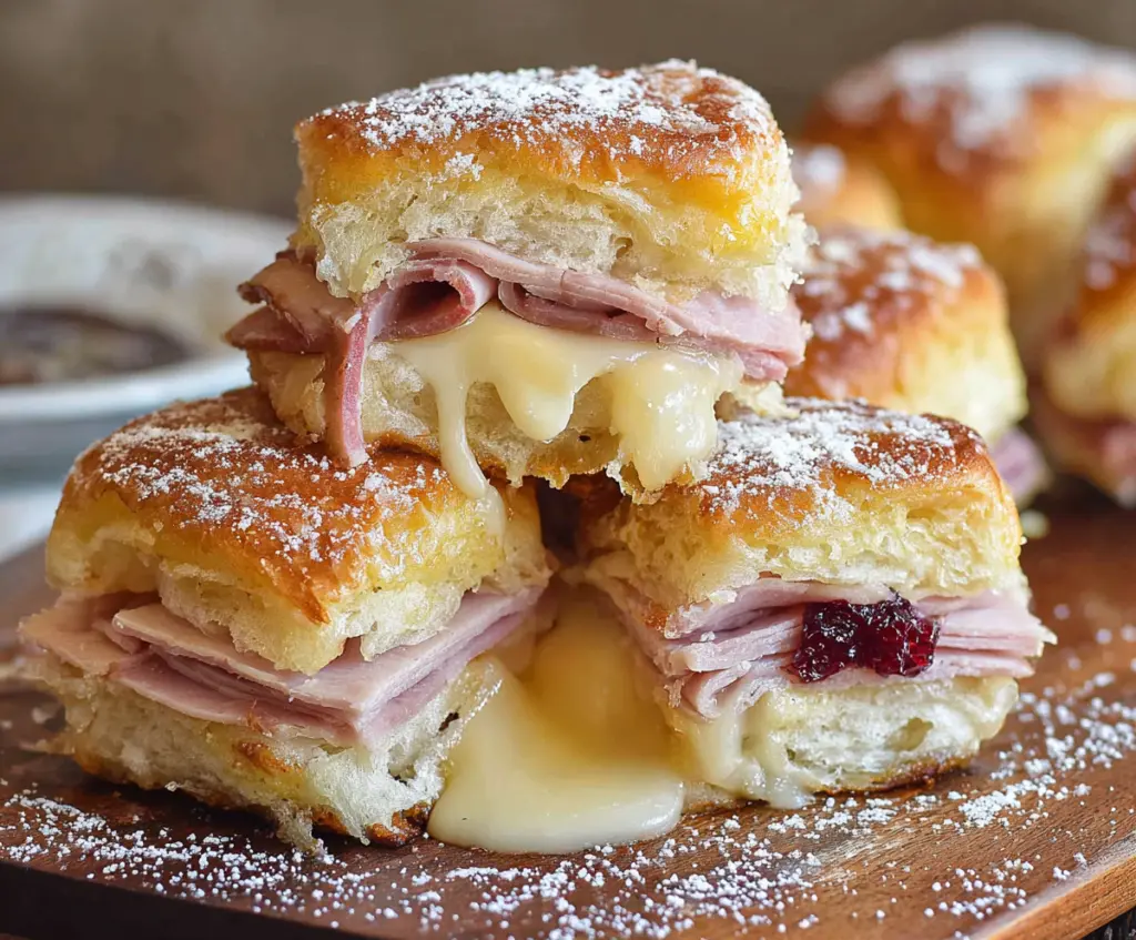 Delicious Monte Cristo sliders made with soft Hawaiian rolls and melted cheese.