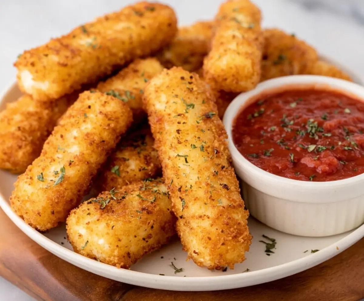Crispy mozzarella sticks served with a side of marinara sauce for dipping