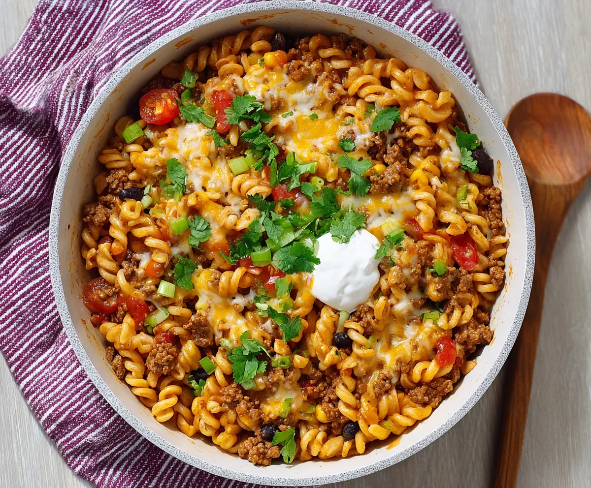 Delicious one pot taco pasta with seasoned beef, melted cheese, and fresh toppings in a skillet.
