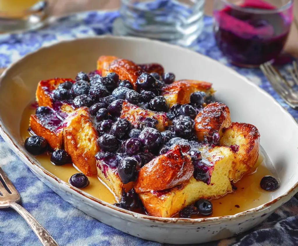 Delicious overnight blueberry French toast topped with fresh blueberries and powdered sugar.
