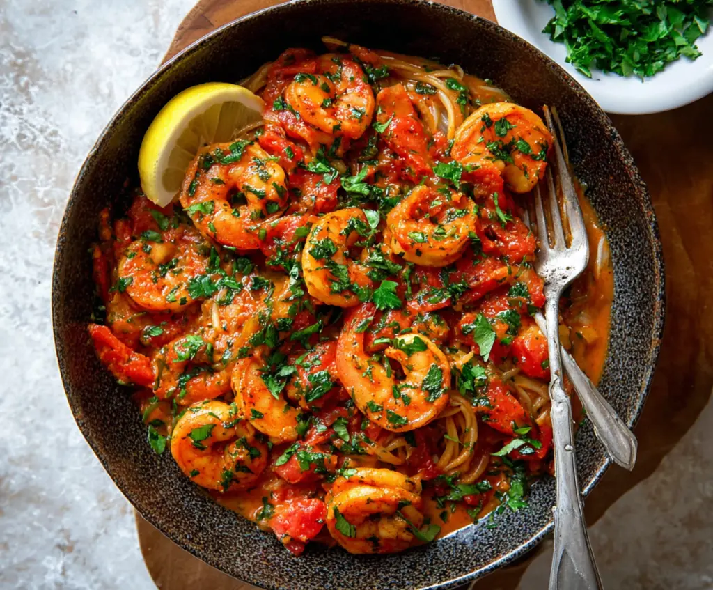 Delicious paprika shrimp skillet with vibrant peppers and fresh herbs