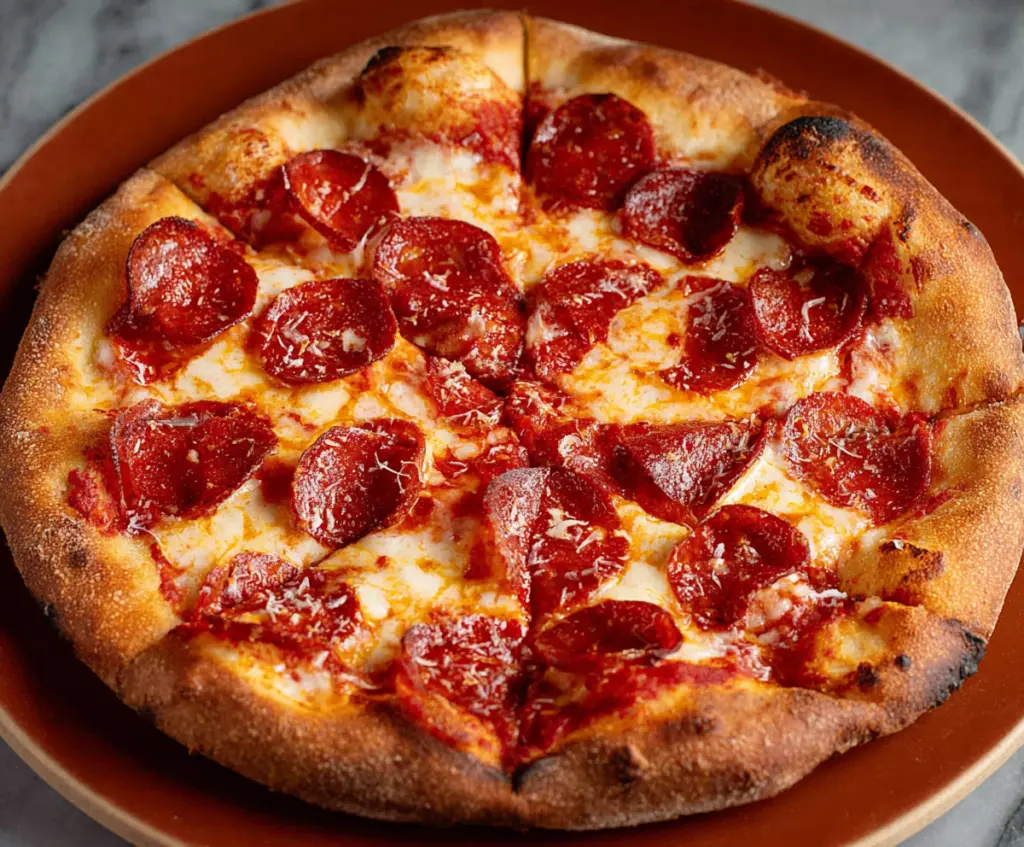 Delicious hot pepperoni pizza fresh out of the oven with melted cheese and crispy crust.