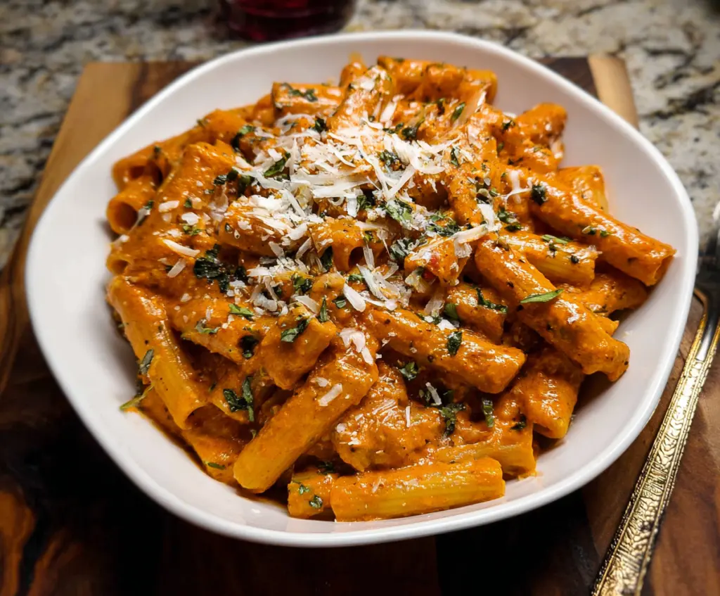 Delicious pasta with creamy pesto vodka sauce garnished with fresh basil