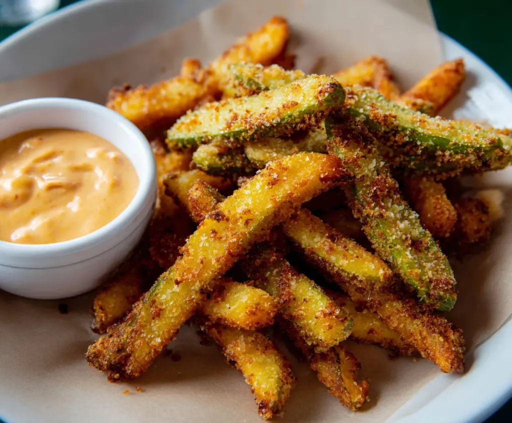 Crispy pickle fries served with dipping sauce on a white plate, perfect for snack lovers.
