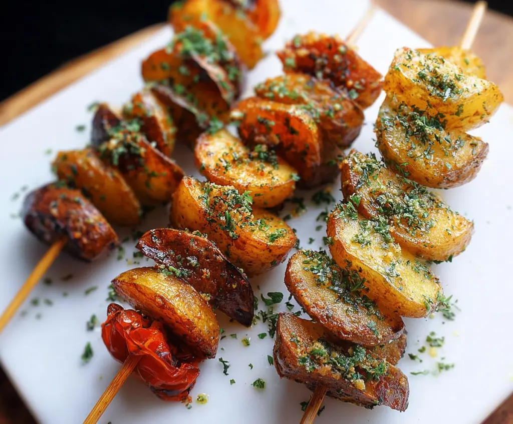 Grilled potato skewers with herbs and spices on a wooden platter.