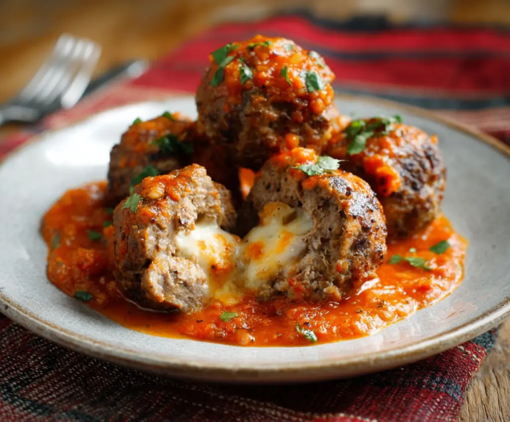 Delicious queso-stuffed meatballs served with fresh herbs on a white plate.