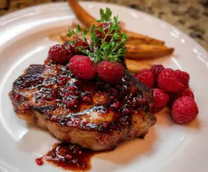 Juicy pork chops glazed with a shiny raspberry sauce on a plate garnished with fresh raspberries.