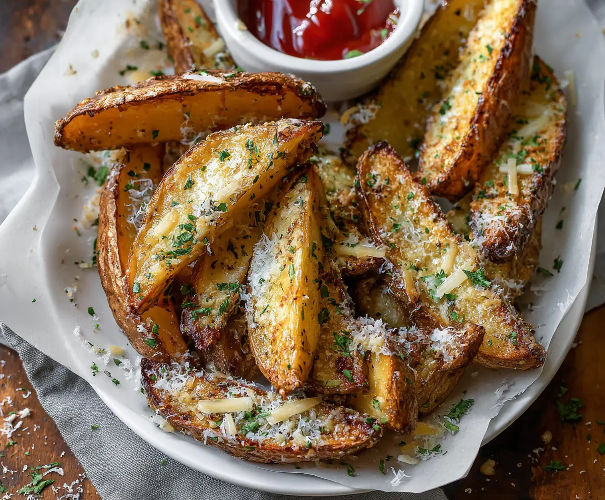 Delicious roasted garlic Parmesan potato wedges on a plate, crispy and golden brown.