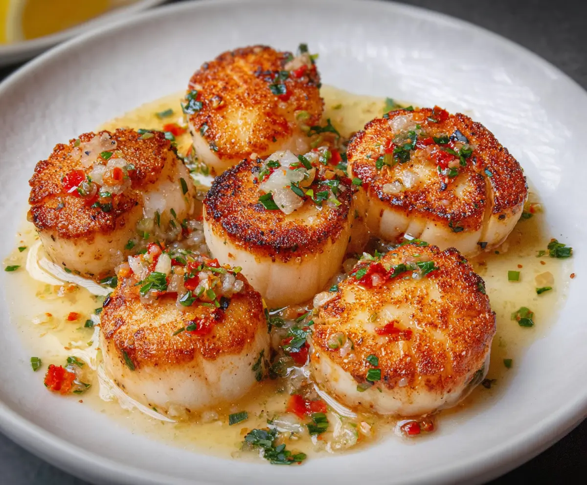 Golden seared scallops on a plate with lemon wedges and herbs, perfect for a sophisticated seafood dish.