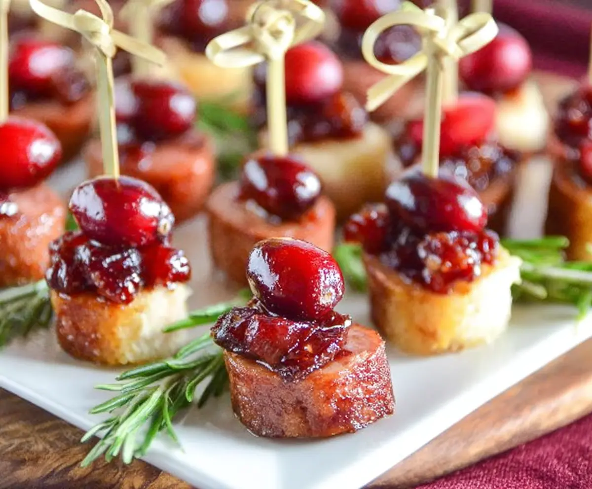 Delicious sheet pan smoked sausage cranberry bites served on a white platter for easy snacking.