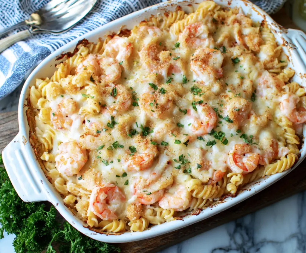 Delicious shrimp Alfredo pasta bake with creamy sauce and melted cheese
