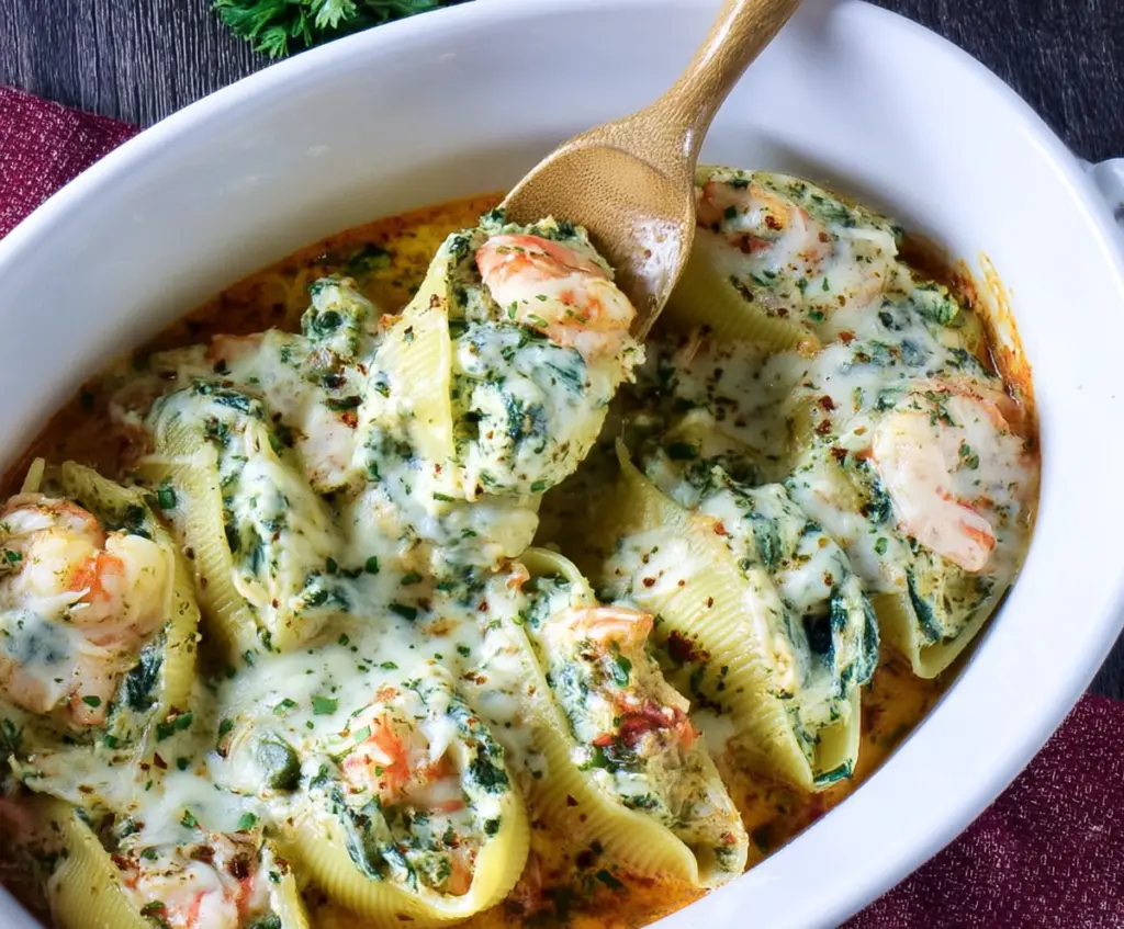 Delicious shrimp and spinach stuffed pasta shells ready to serve as a hearty appetizer or main course.