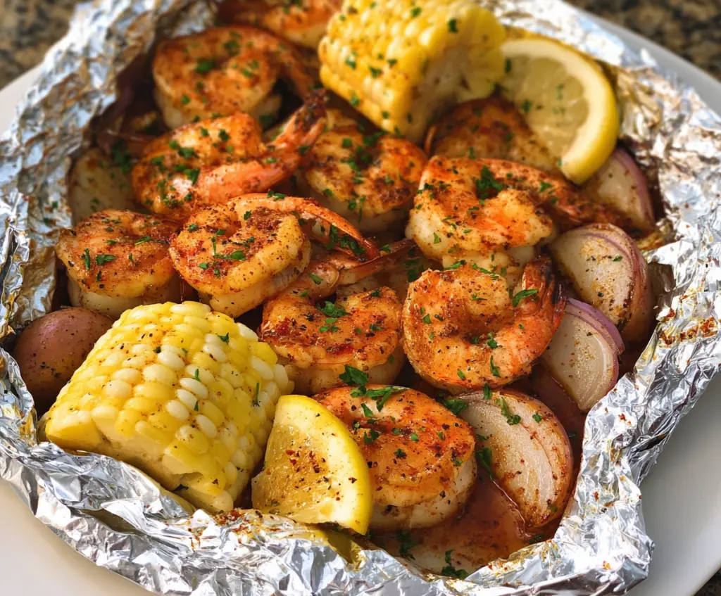 Baked shrimp foil packet with lemon and herbs ready in the oven