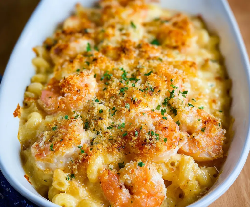 Creamy shrimp mac and cheese served in a bowl, garnished with parsley, perfect for a comforting seafood pasta meal.