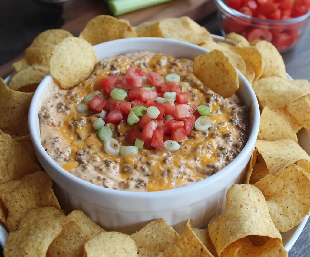 Delicious Slow Cooker Big Mac Dip with layers of seasoned beef, cheese, and special sauce in a slow cooker.