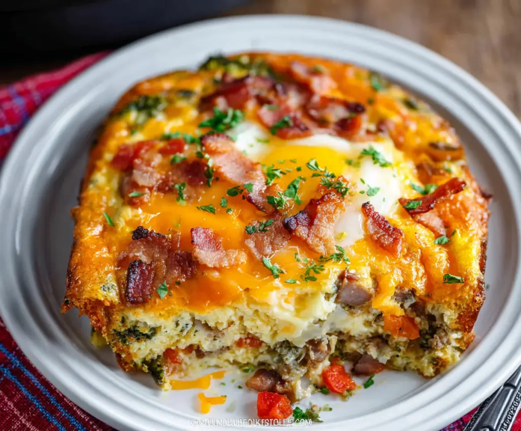 Delicious slow cooker breakfast casserole with eggs, cheese, and vegetables in a baking dish.