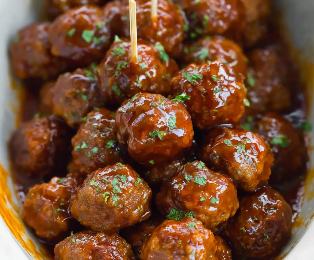 Delicious slow cooker honey buffalo meatballs served in a bowl, showcasing a perfect blend of sweet and spicy flavors.