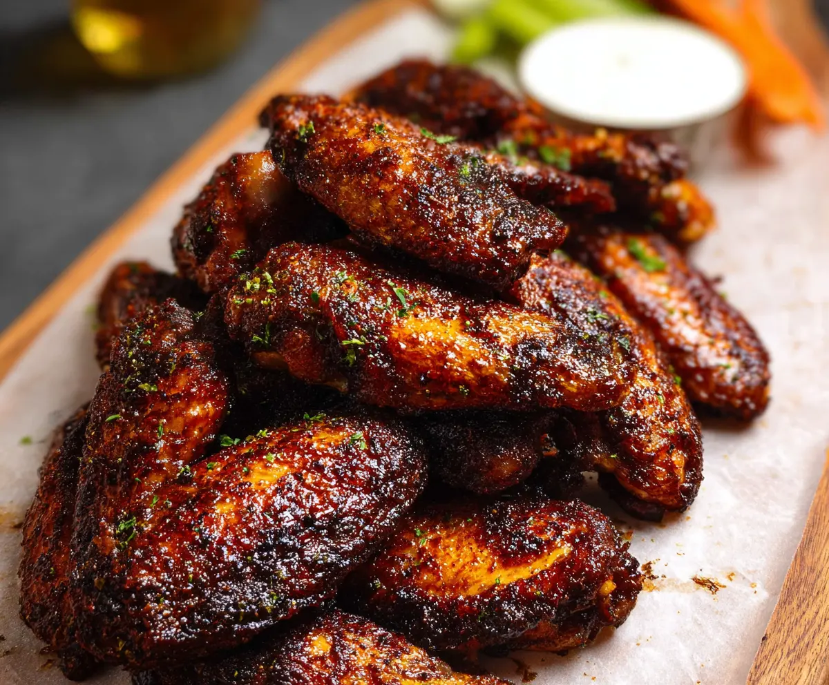Juicy smoked chicken wings glazed with smoky seasoning, perfect for BBQ lovers.