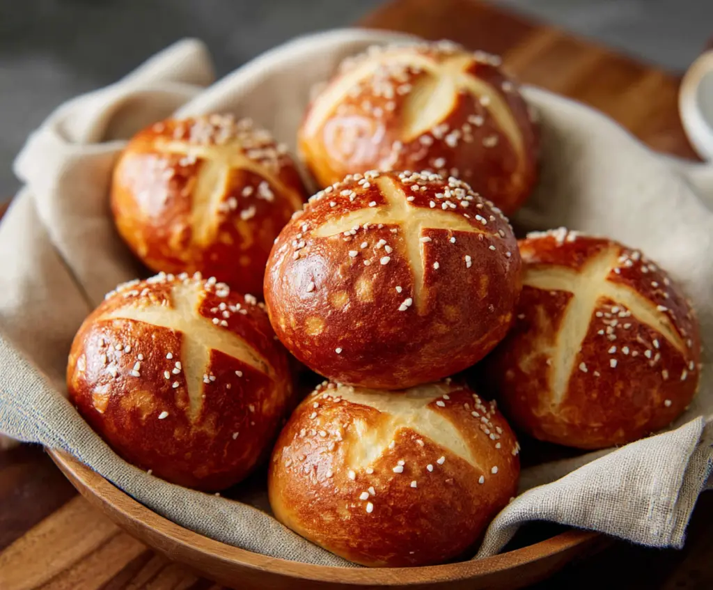 Delicious soft pretzel buns fresh out of the oven, perfect for sandwiches and snacks.