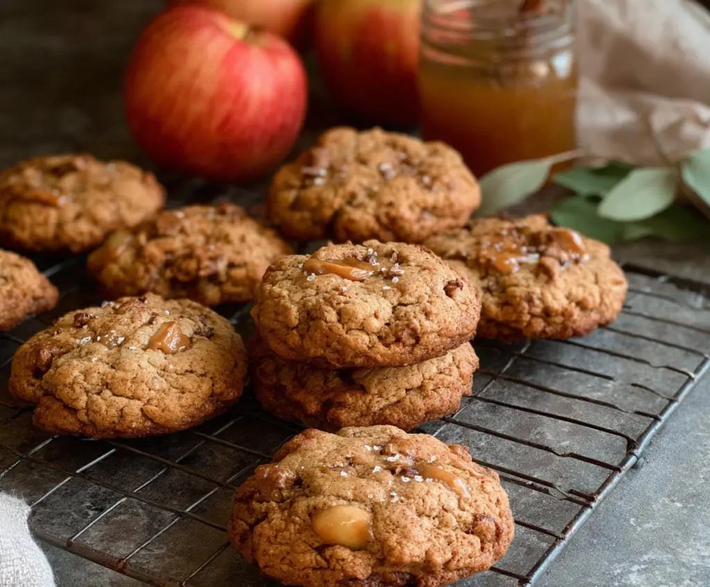 Delicious sourdough apple cider cookies fresh out of the oven with a golden-brown crust and apple filling.