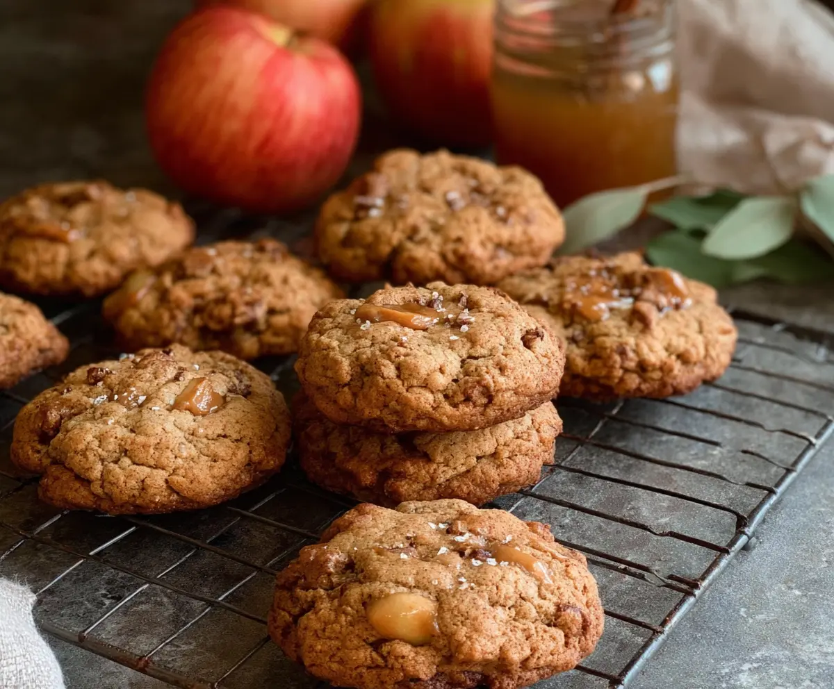 Delicious sourdough apple cider cookies fresh out of the oven with a golden-brown crust and apple filling.