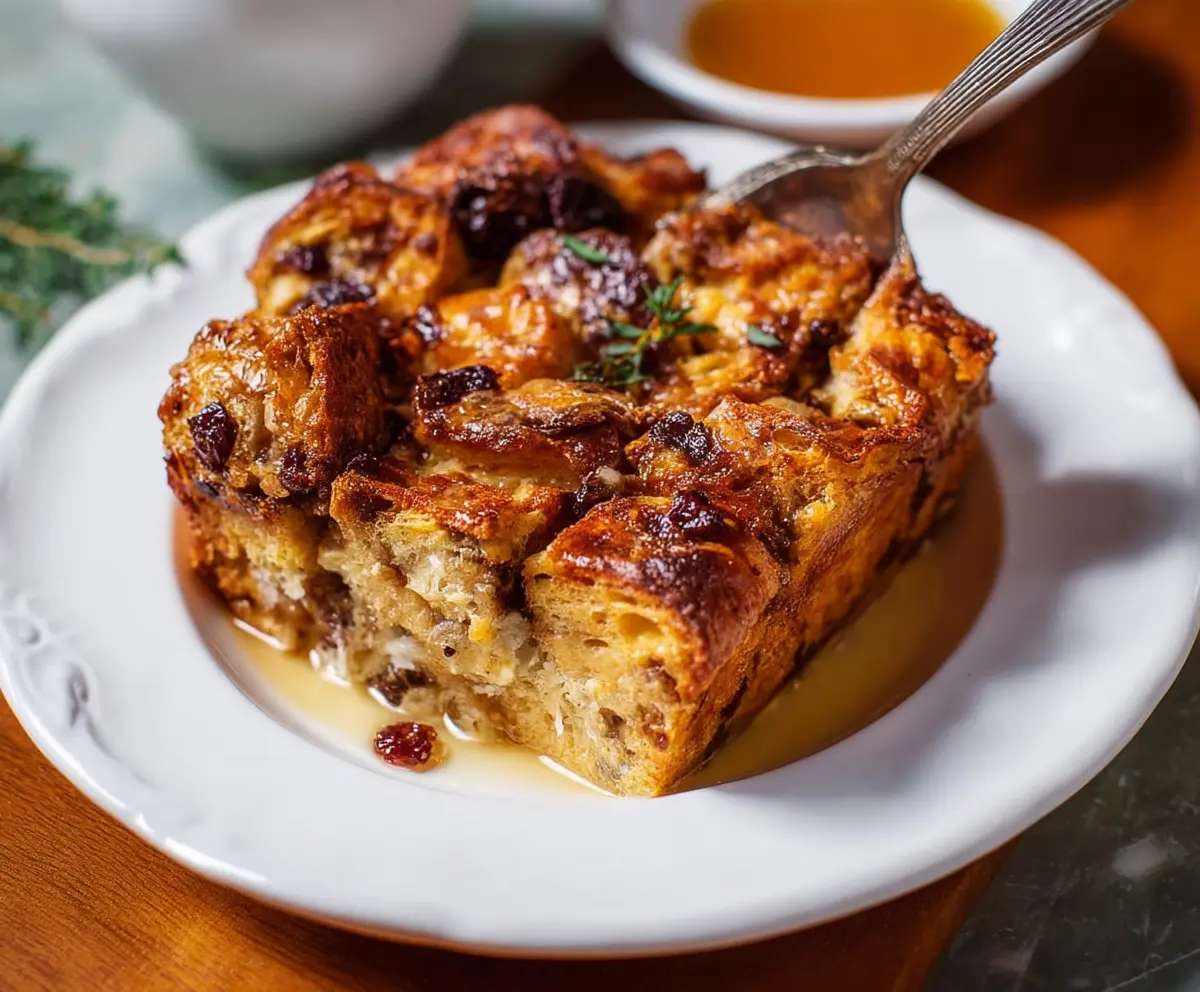 Homemade sourdough bread pudding with caramelized top served in a rustic dish