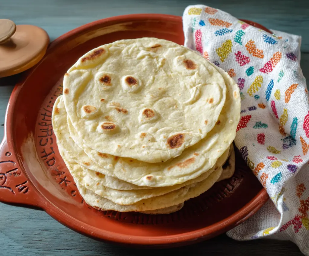 Delicious homemade sourdough butter tortillas on a rustic wooden table.