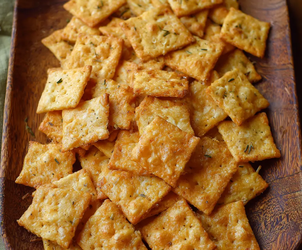 Crunchy sourdough cheese crackers on a rustic wooden surface, perfect for snacking.