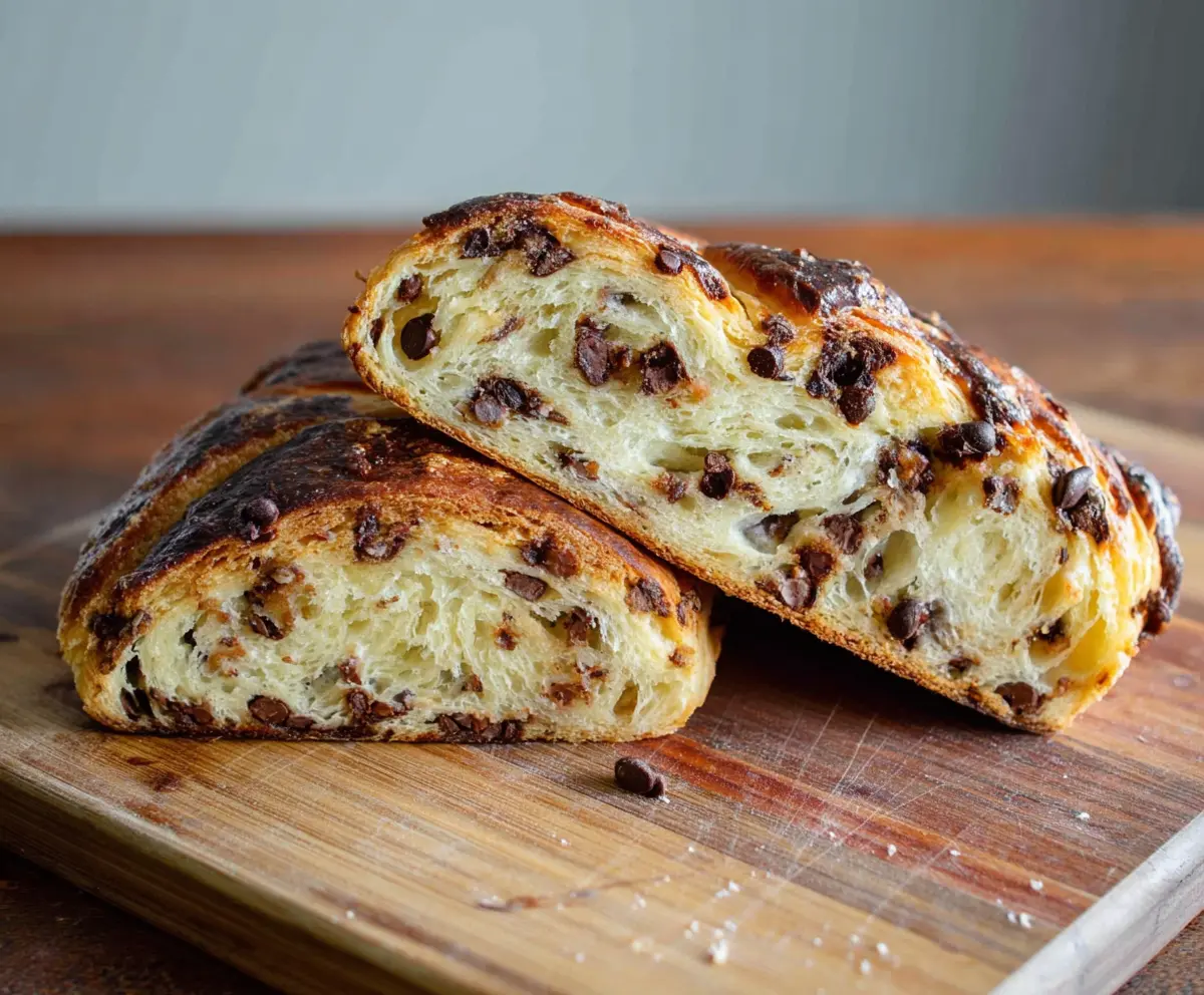Delicious Sourdough Chocolate Chip Croissant Bread fresh out of the oven, showcasing flaky layers and gooey chocolate chips.