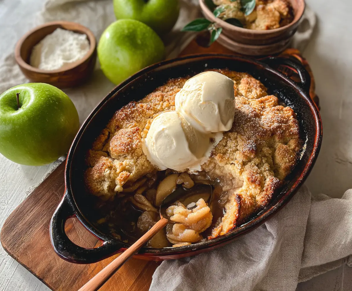 Delicious sourdough discard apple cobbler with golden crust and fresh apple filling.