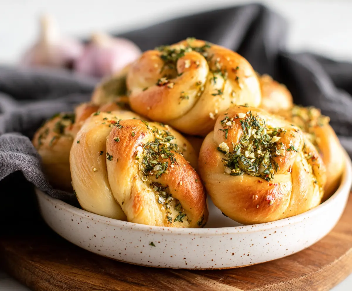 Golden sourdough discard garlic knots fresh out of the oven on a baking tray.