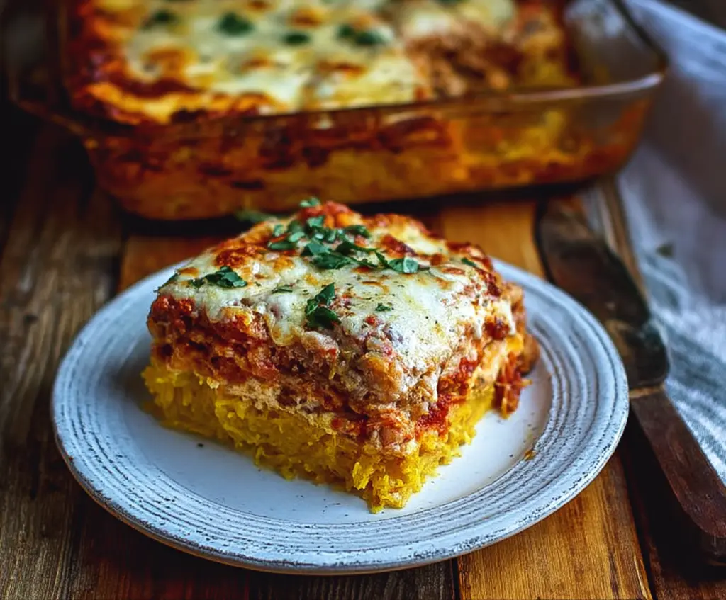 Delicious Spaghetti Squash Lasagna layered with cheese and vegetables, a healthy low-carb meal option.
