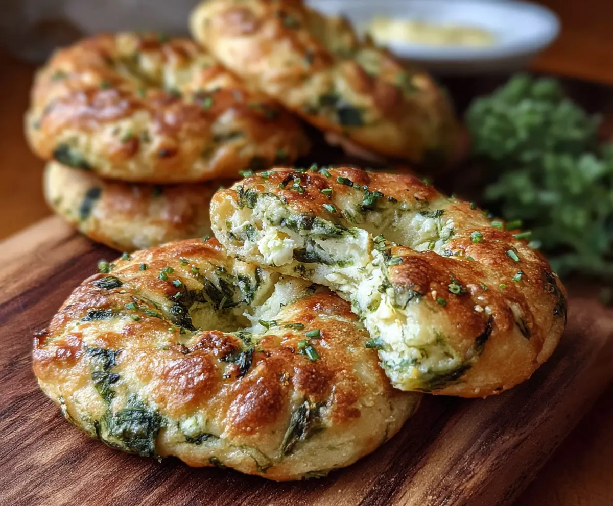 Delicious spinach and cottage cheese flat bagels fresh out of the oven.