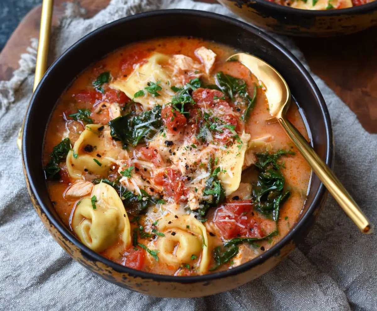 Delicious Tuscan Ravioli Soup with fresh herbs and melted cheese in a rustic bowl.