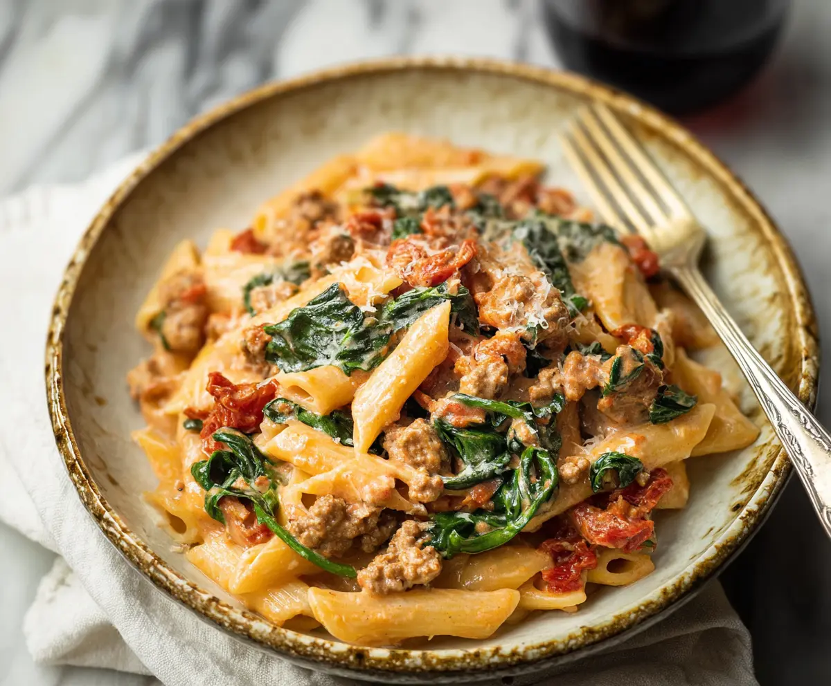 Delicious Tuscan sausage pasta with fresh herbs and melted cheese served on a white plate.
