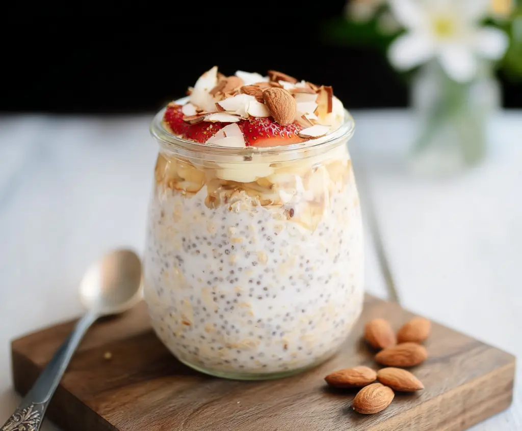 Creamy vanilla overnight oats in a glass jar with fresh berries for a healthy breakfast
