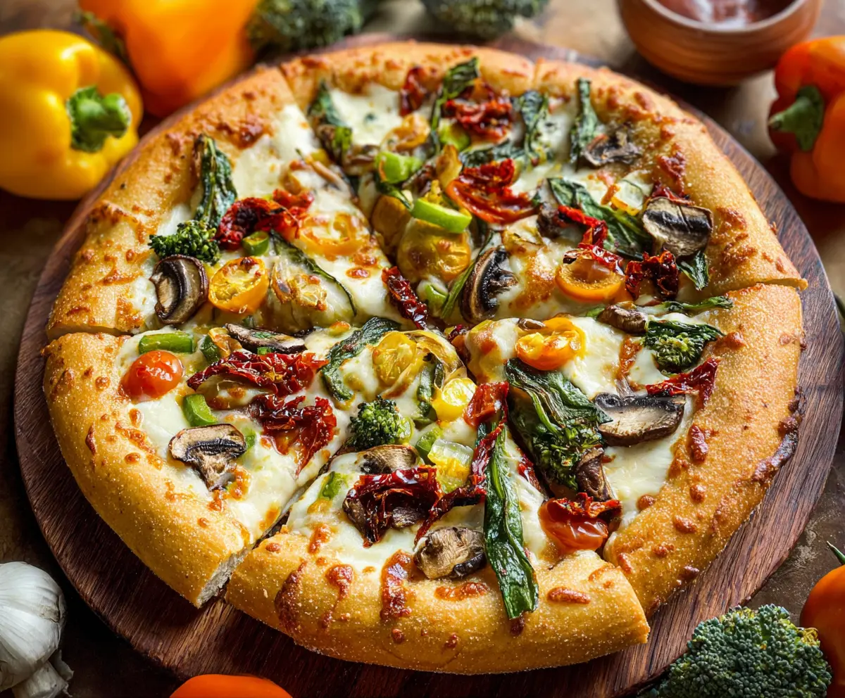 Delicious homemade veggie pizza topped with colorful bell peppers, tomatoes, and spinach