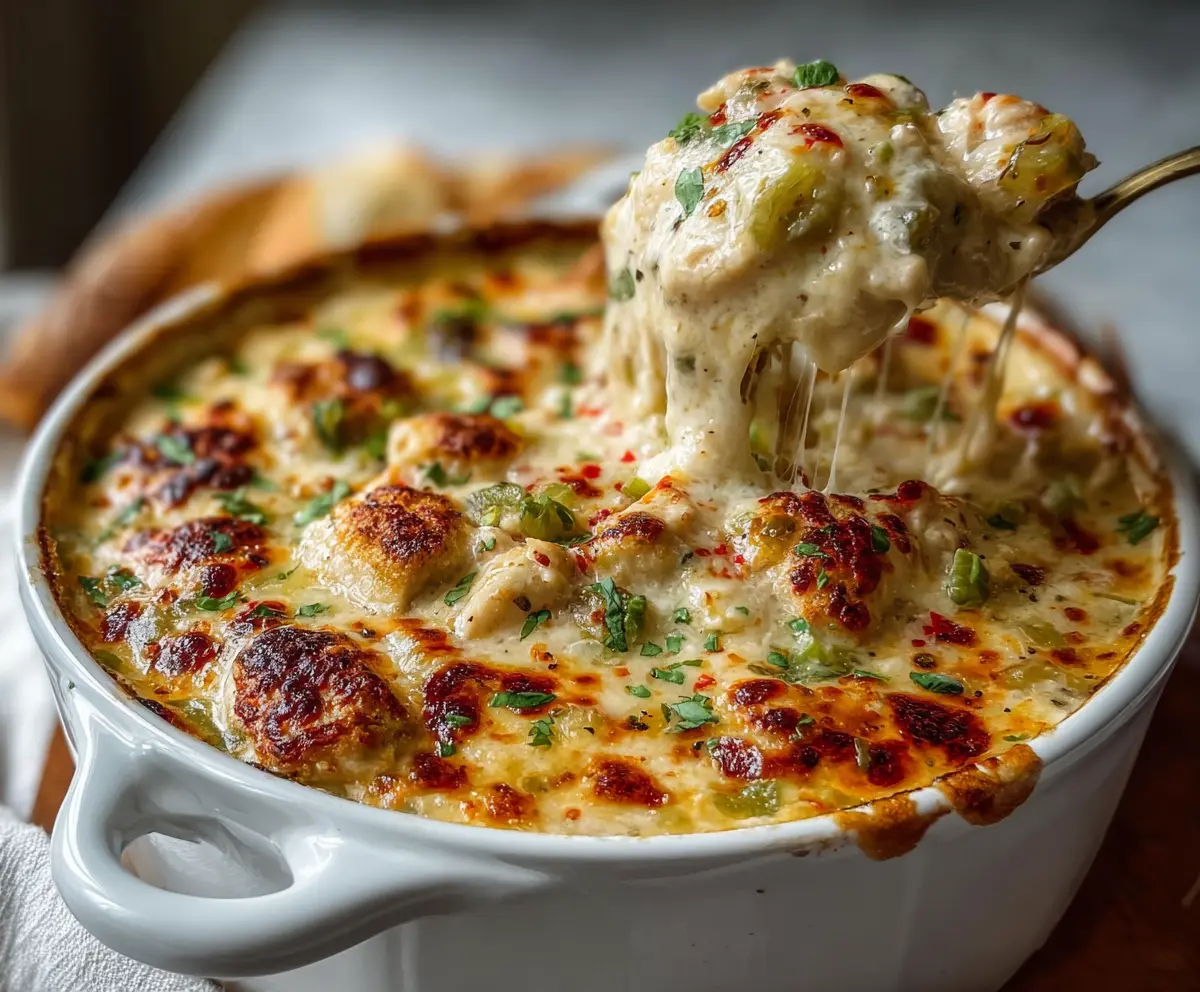 Delicious White Chicken Chili Cottage Cheese Winter Bake served hot, showcasing a creamy and hearty dish perfect for winter nights.
