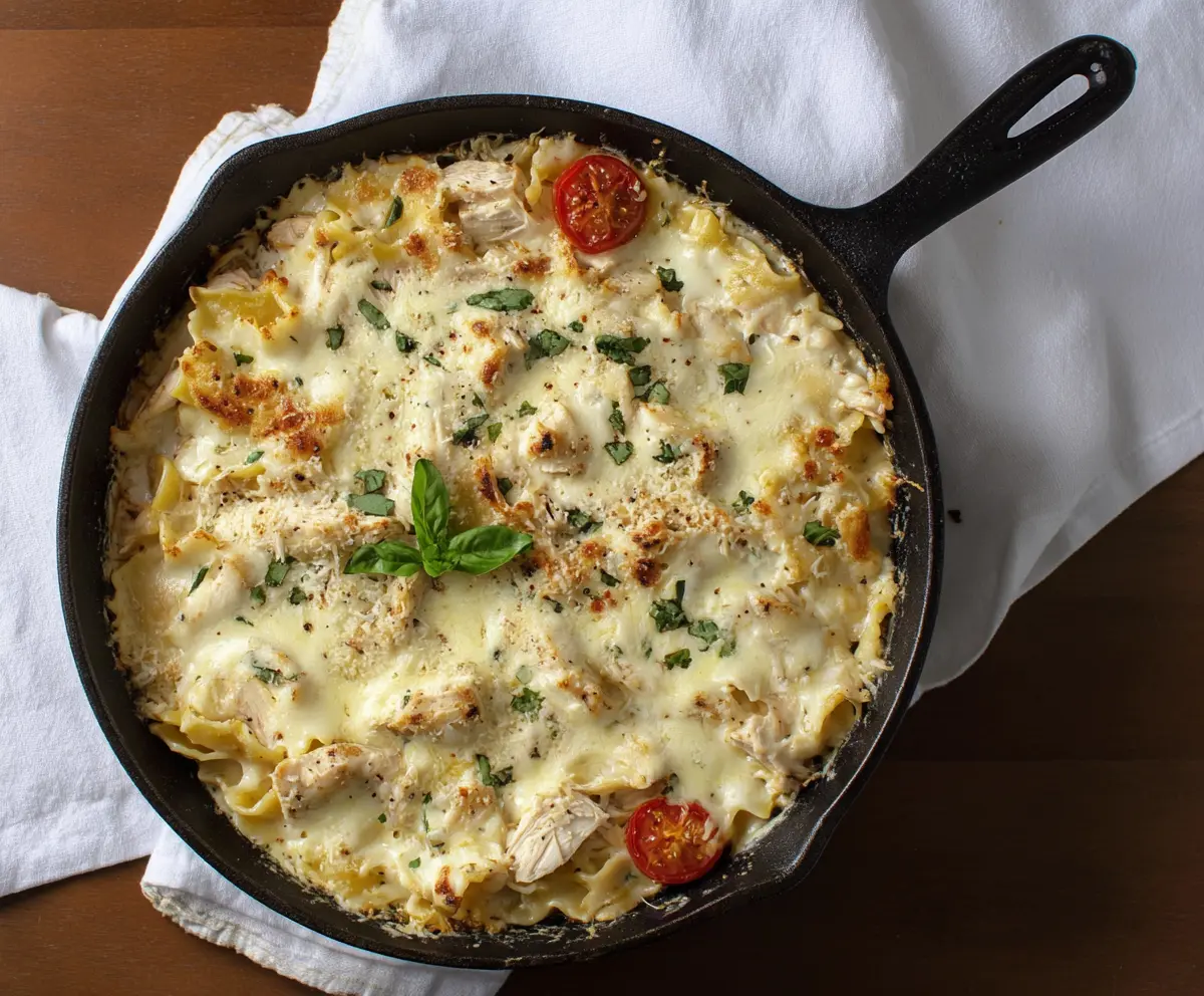 Delicious White Chicken Skillet Lasagna served in a skillet with melted cheese and fresh herbs.